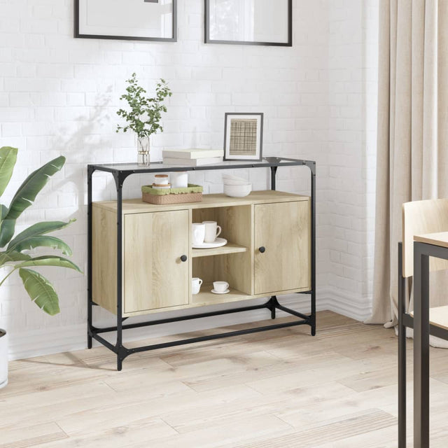 Vidaxl dressoir met glazen blad 98x35x81 cm hout sonoma eikenkleurig
