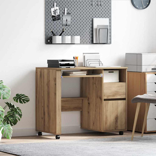 Vidaxl bureau met wielen artisan eiken bewerkt hout 91 x 50 x 77 cm