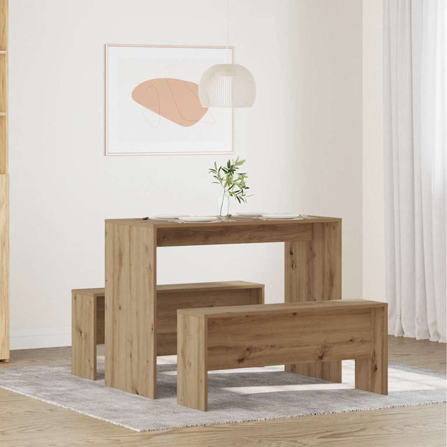 Vidaxl 3-delige eettafel en bankenset bewerkt hout artisanaal eiken