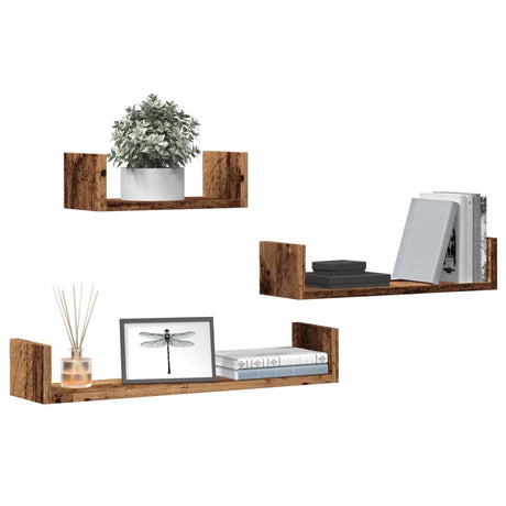 Vidaxl wandschappen 3 st bewerkt hout oud houtkleurig