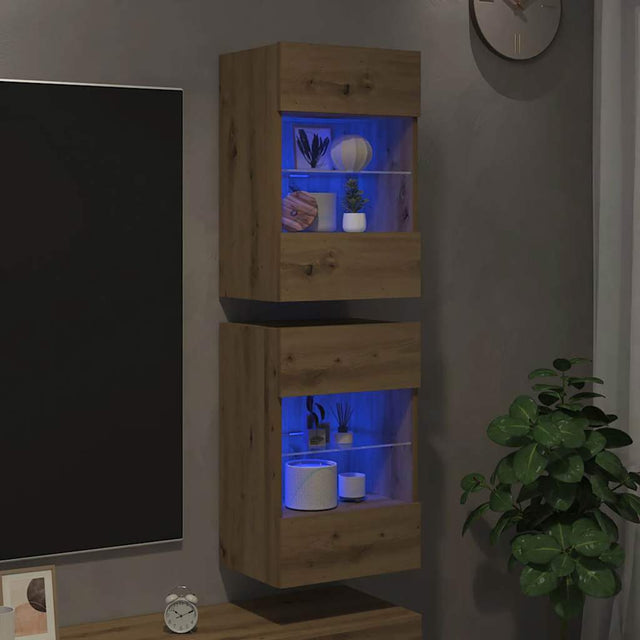 Vidaxl wandkasten met led-verlichting voor tv 2 st artisanaal eiken