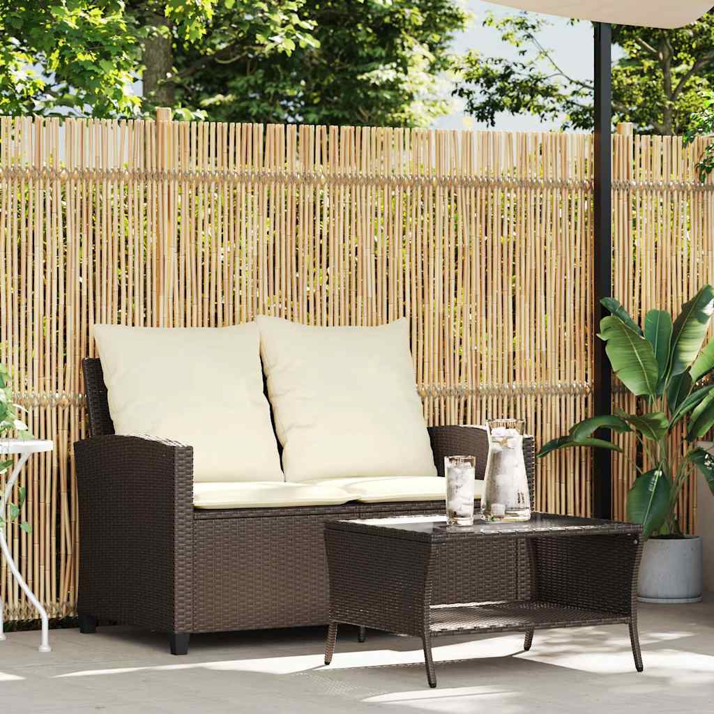 Vidaxl tuinbank 2-zits met kussens tafel poly rattan bruin