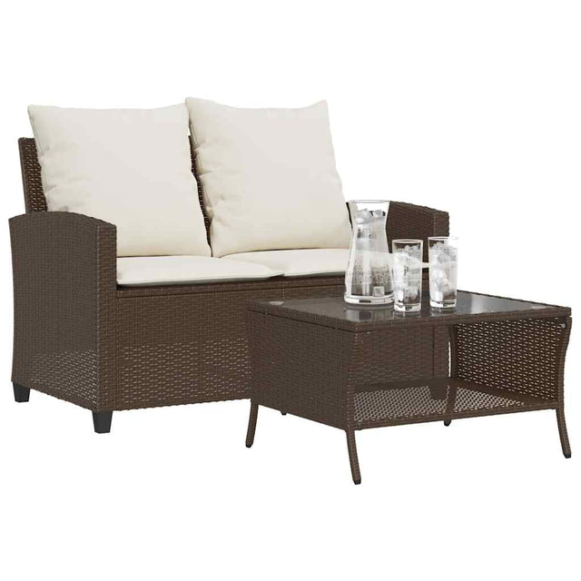 Vidaxl tuinbank 2-zits met kussens tafel poly rattan bruin