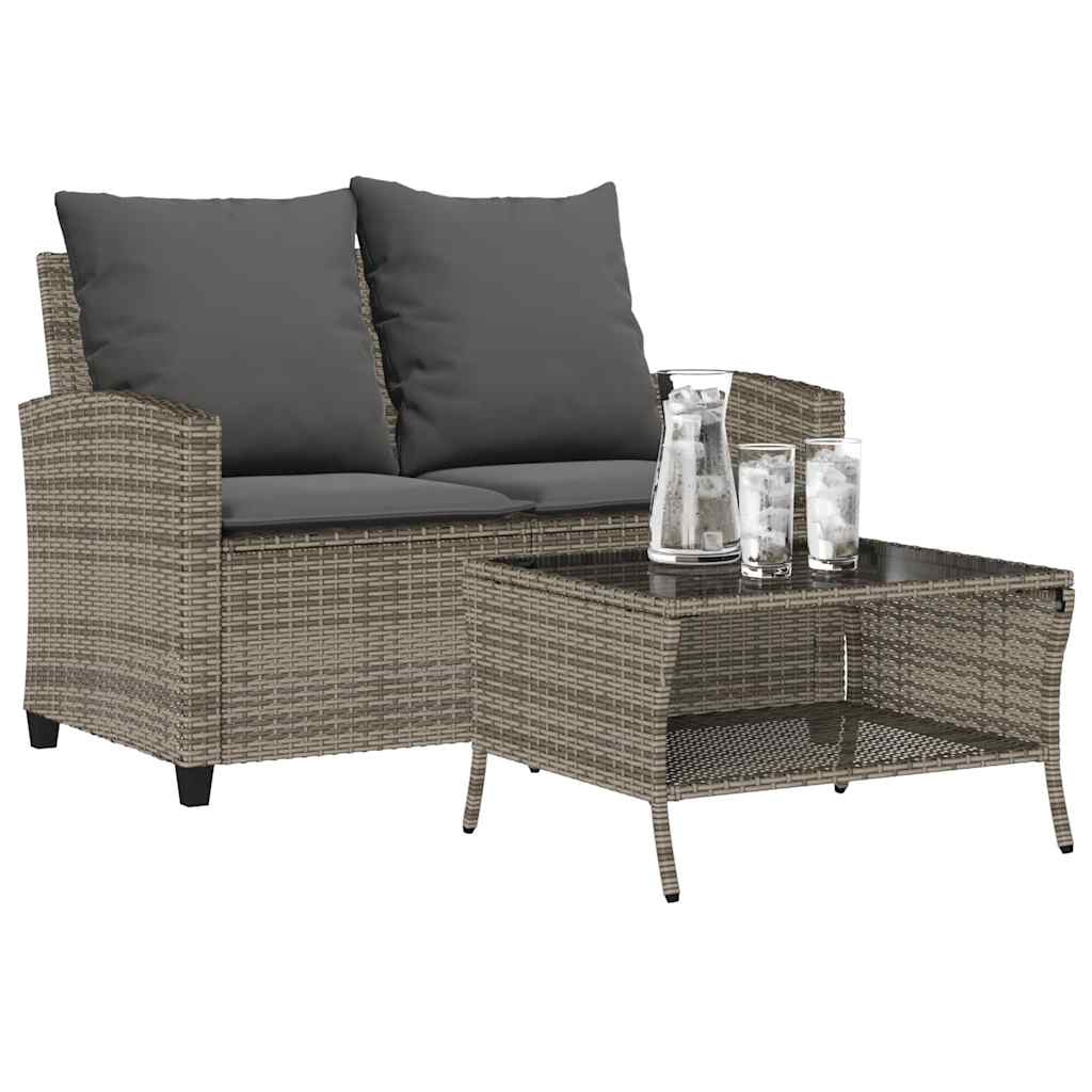 Vidaxl tuinbank 2-zits met kussens tafel poly rattan grijs