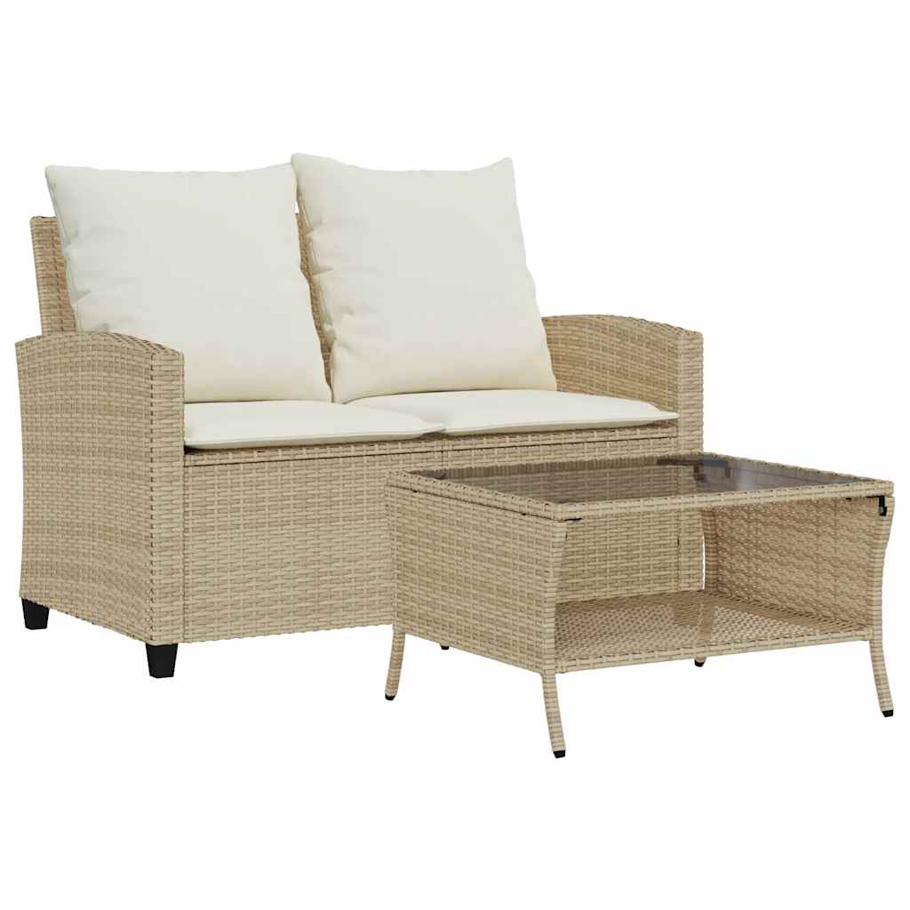 Vidaxl tuinbank 2-zits met kussens tafel poly rattan beige