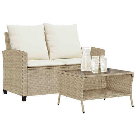 Vidaxl tuinbank 2-zits met kussens tafel poly rattan beige