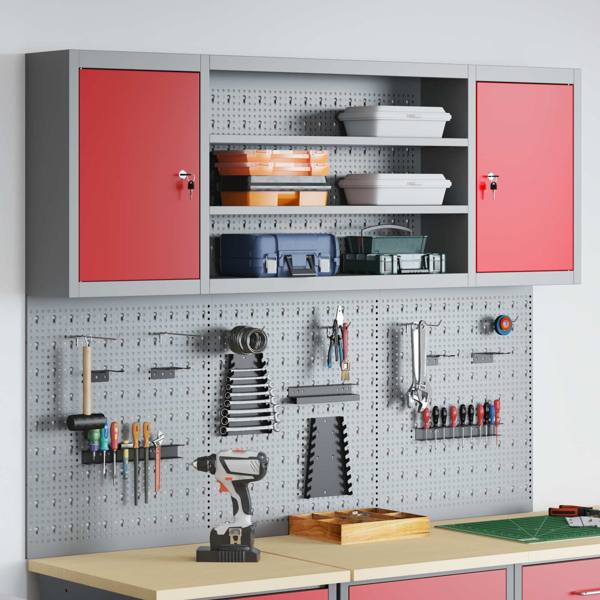 Vidaxl gereedschapskast set met plank 4 st rood gepoedercoat staal