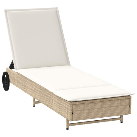 Vidaxl ligbed met wielen en kussen poly rattan beige