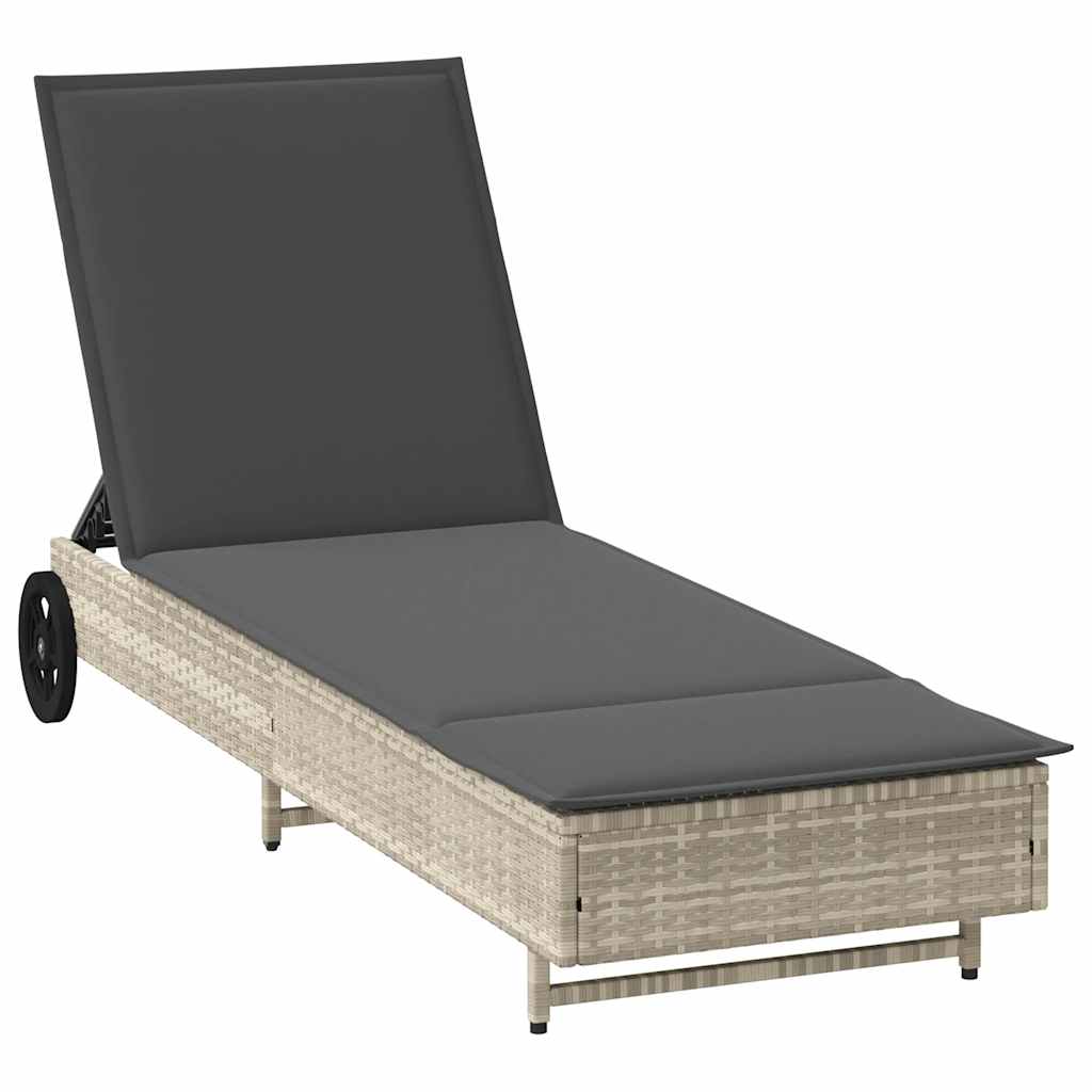 Vidaxl ligbed met wielen en kussens poly rattan lichtgrijs