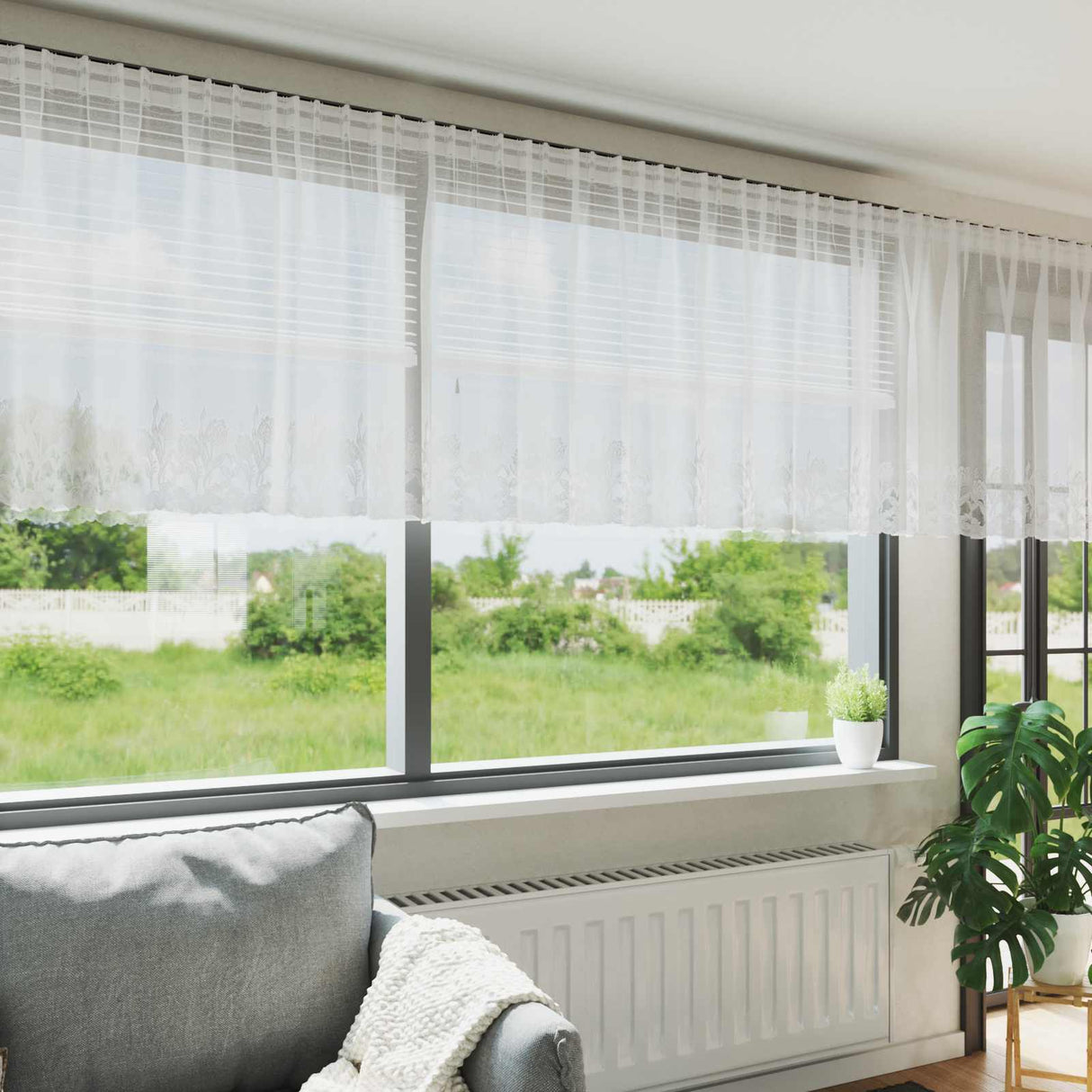 Vidaxl kantgordijn met gordijnen bloemen wit 80 x 400 cm polyester