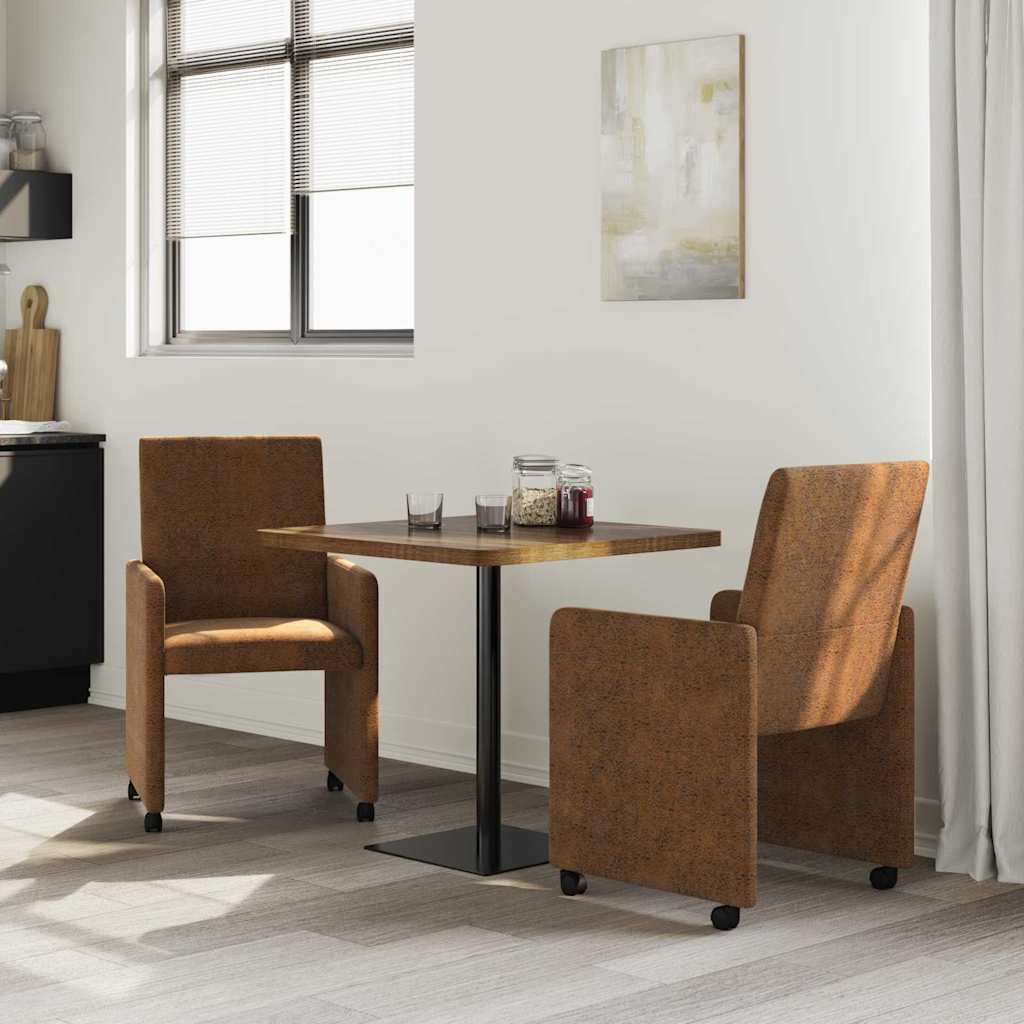 Vidaxl eetkamerstoelen met wieltjes 2 st faux suede leer bruin