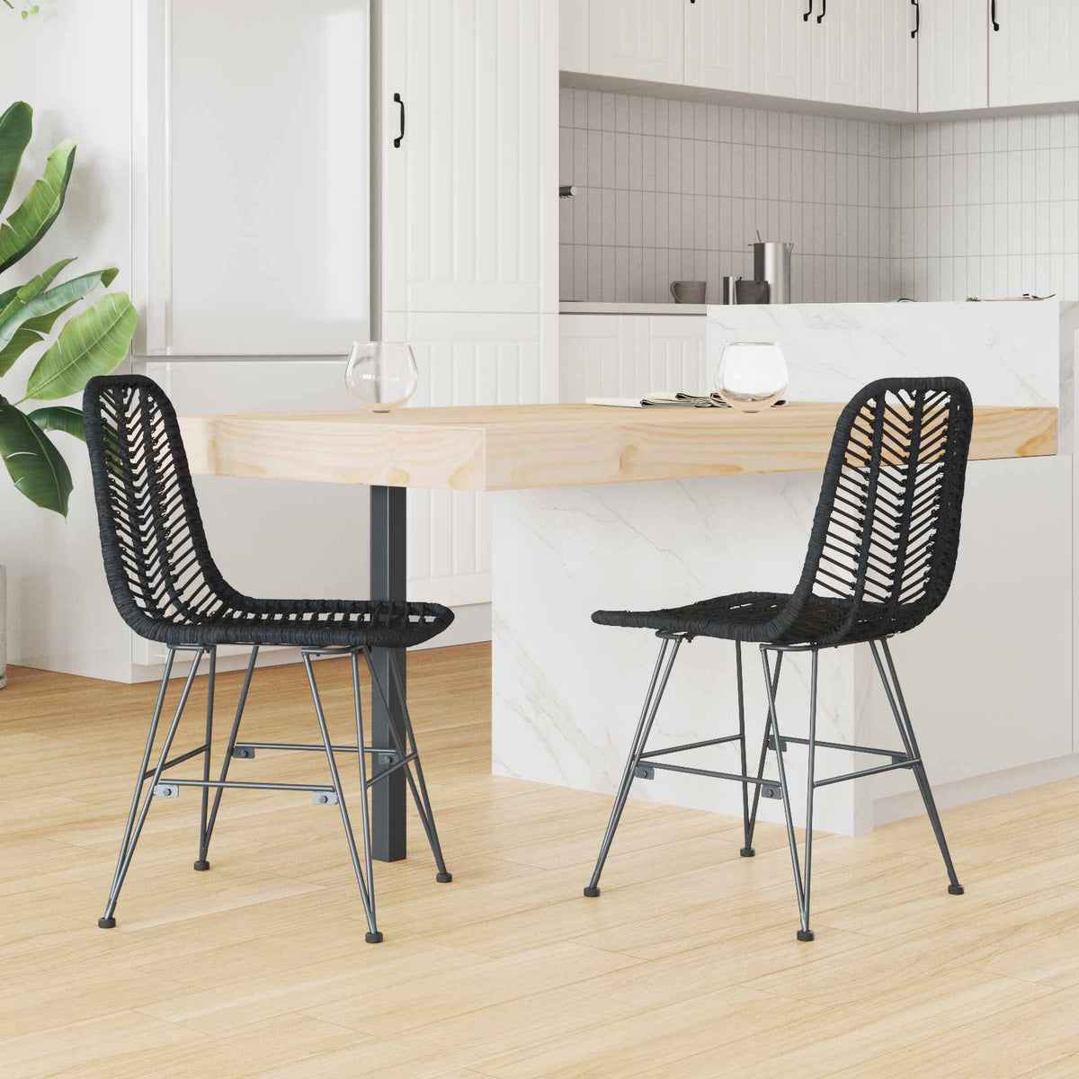 Vidaxl eetkamerstoel 2 st riet en ijzer zwart 44 x 54,5 x 85 cm
