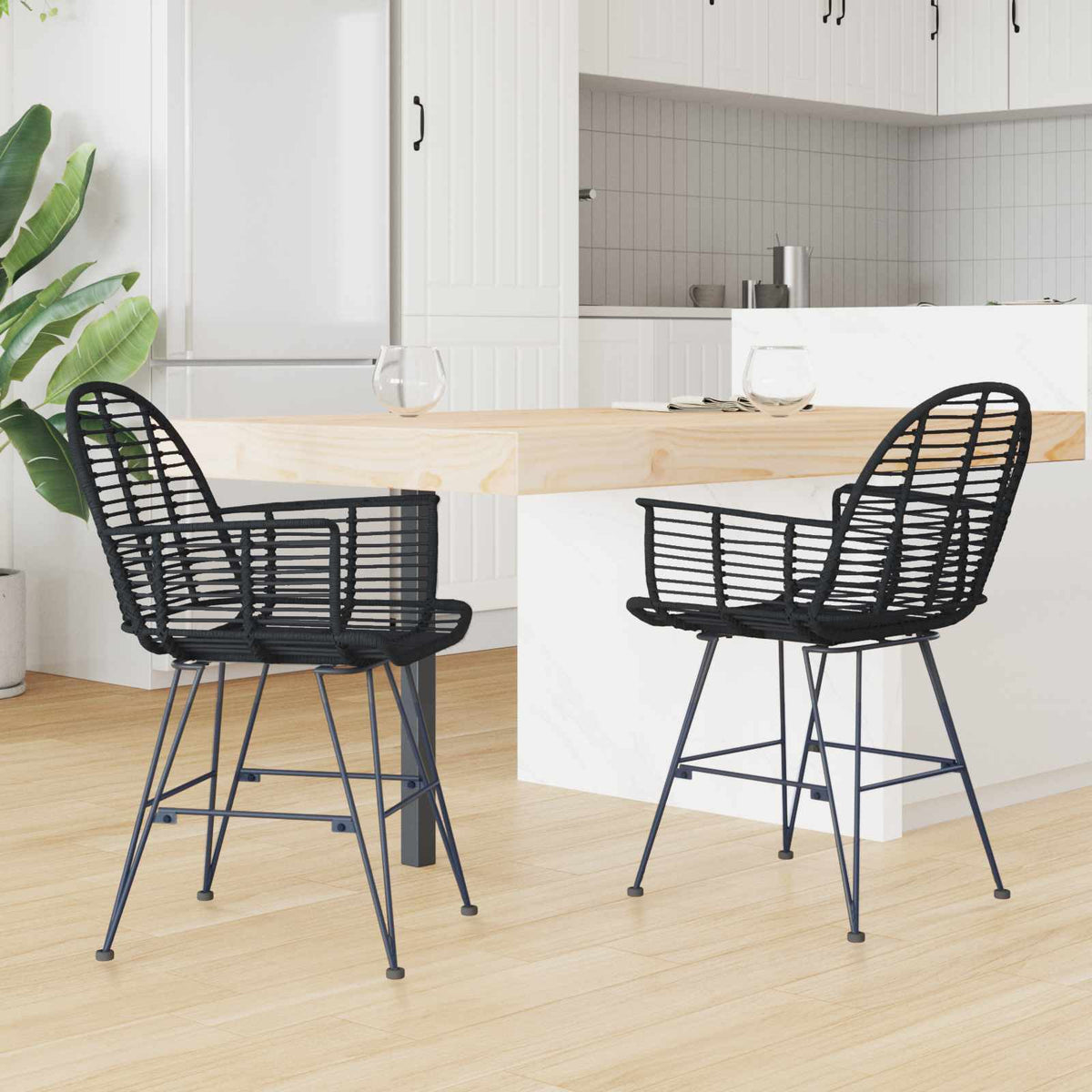 Vidaxl eetkamerstoel 2 st riet en ijzer zwart 57 x 55 x 85 cm