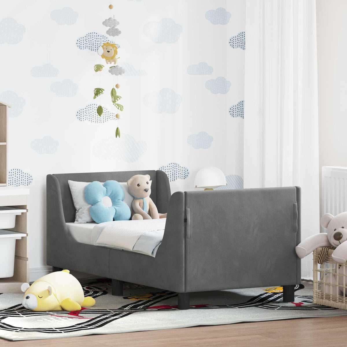 Vidaxl peuterbedframe met hoofdbord donkergrijs 70 x 140 cm fluweel