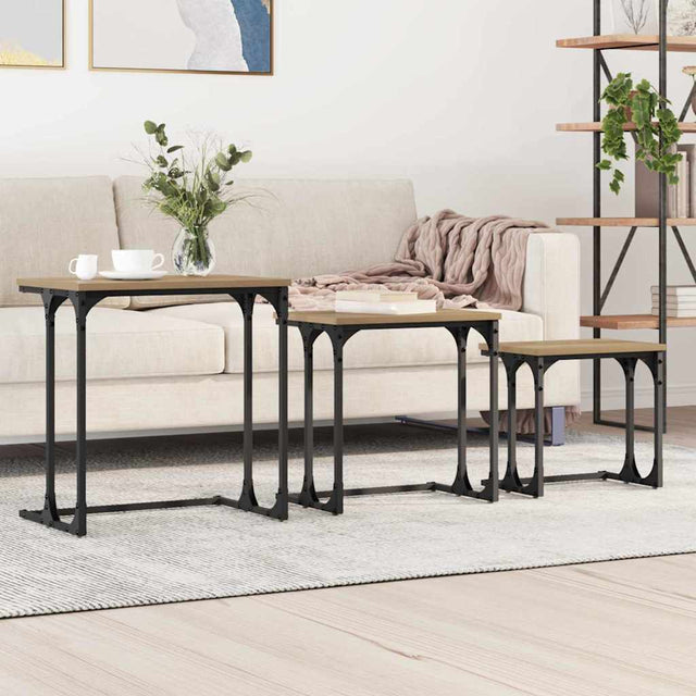 Vidaxl nesting koffietafel 3 st artisanaal eikenkleurig bewerkt hout