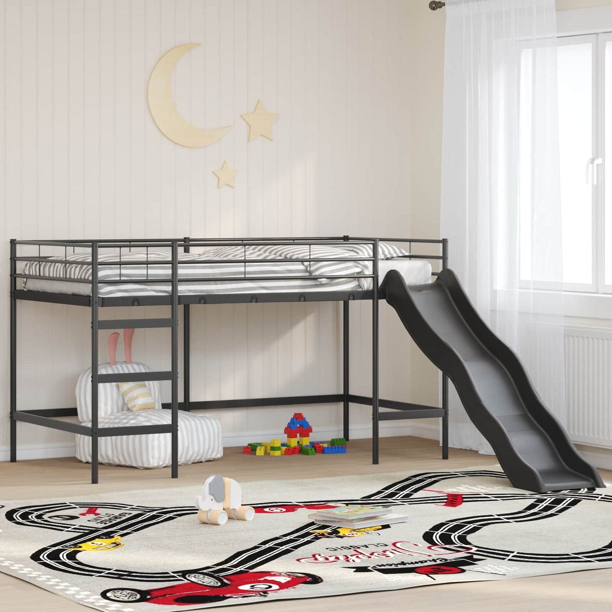 Vidaxl kinder loft bedframe met glijbaan effen zwart en anthraciet