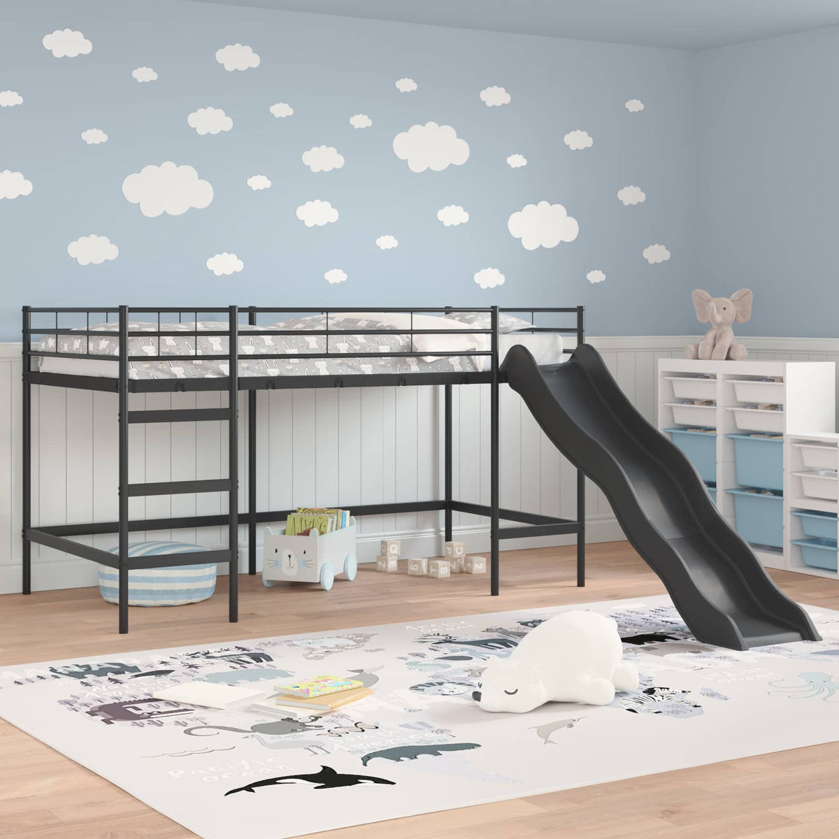 Vidaxl kinder loft bedframe met glijbaan effen zwart en anthraciet