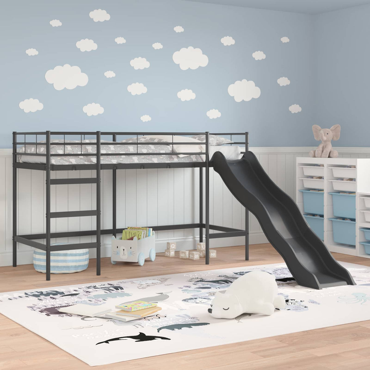 Vidaxl kinder loft bedframe met glijbaan zwart en anthraciet