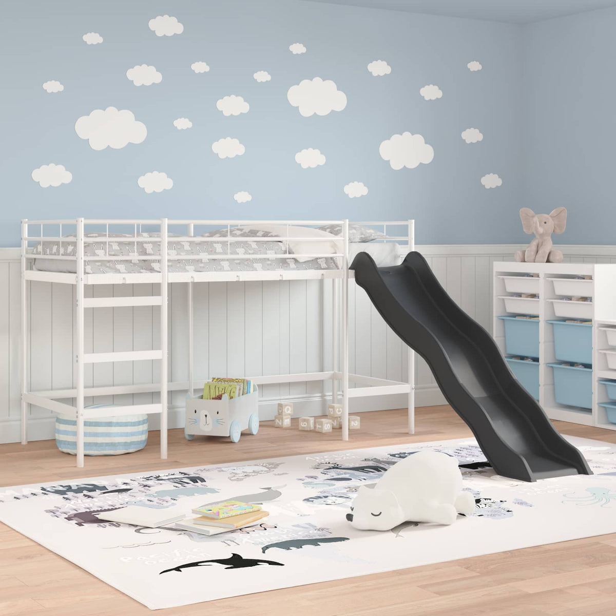 Vidaxl kinder loft bedframe met glijbaan wit en antraciet 75 x 190 cm