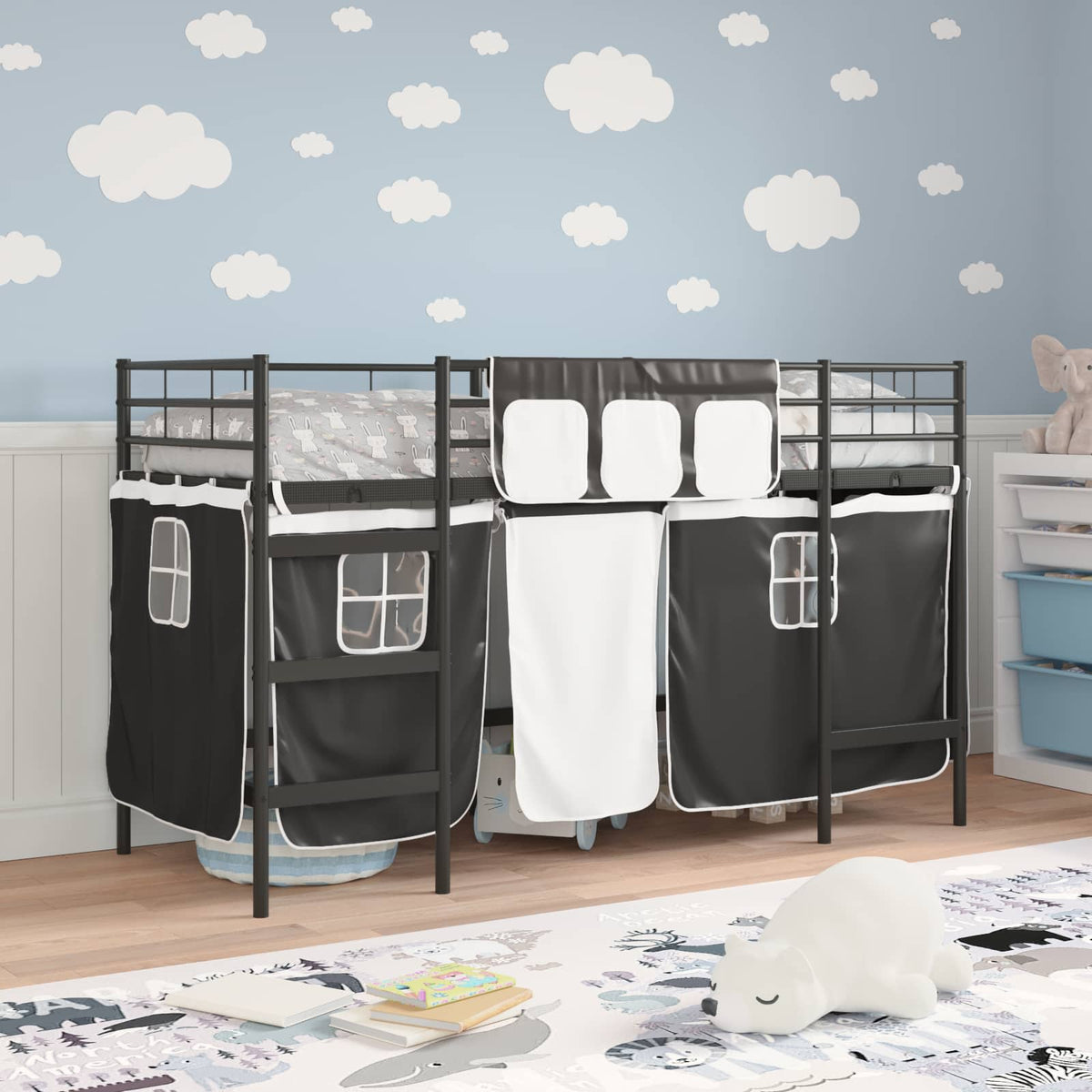 Vidaxl bunkbed voor kinderen met gordijnen effen zwart 100 x 190 cm
