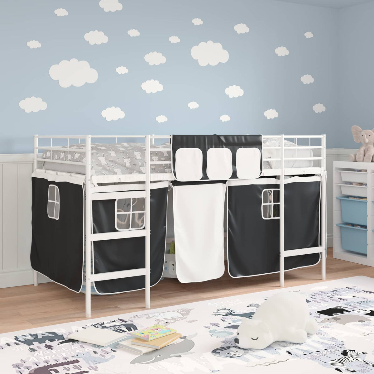Vidaxl bunkbed voor kinderen met gordijnen wit en zwart 80 x 200 cm