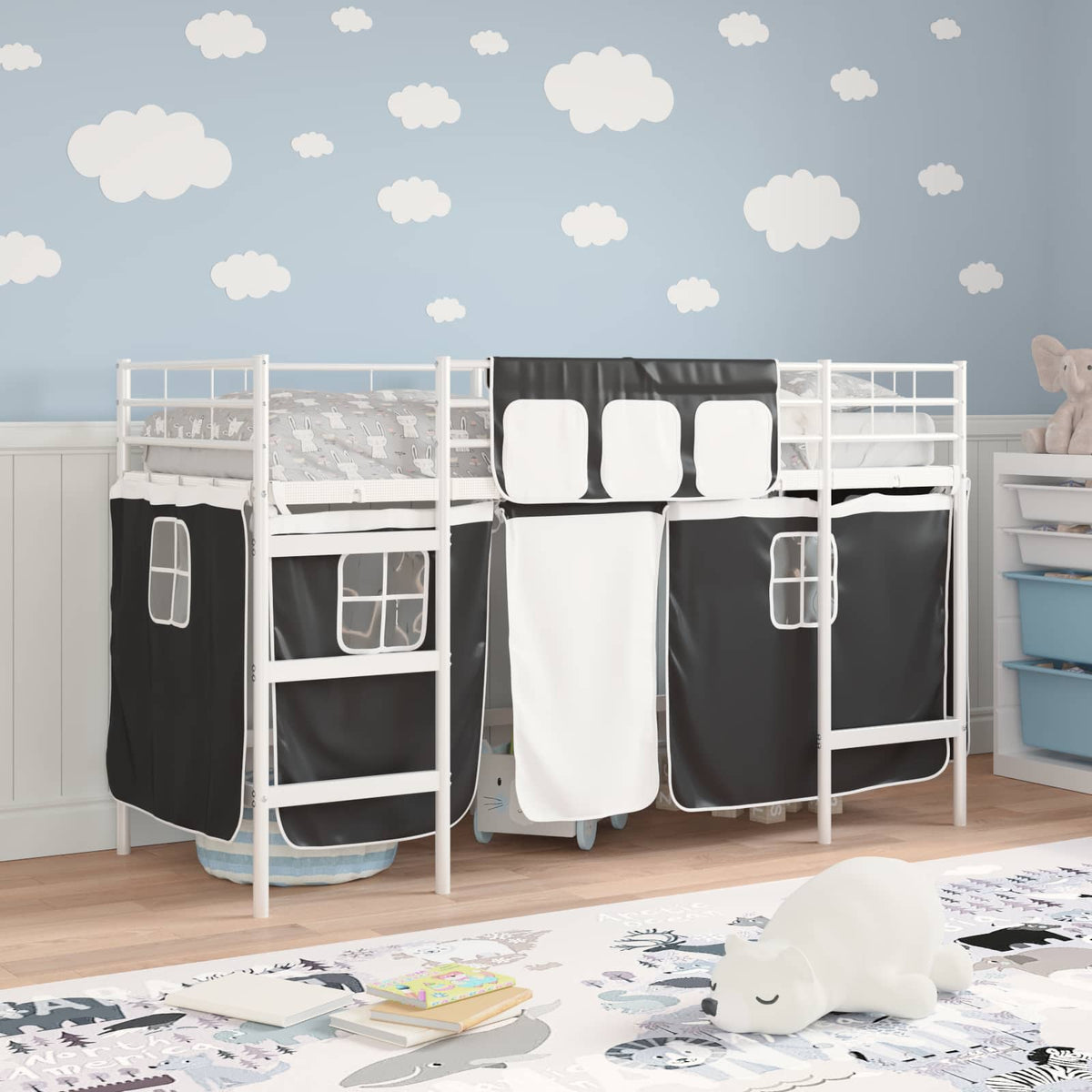 Vidaxl bunkbed voor kinderen met gordijnen wit en zwart 90 x 190 cm