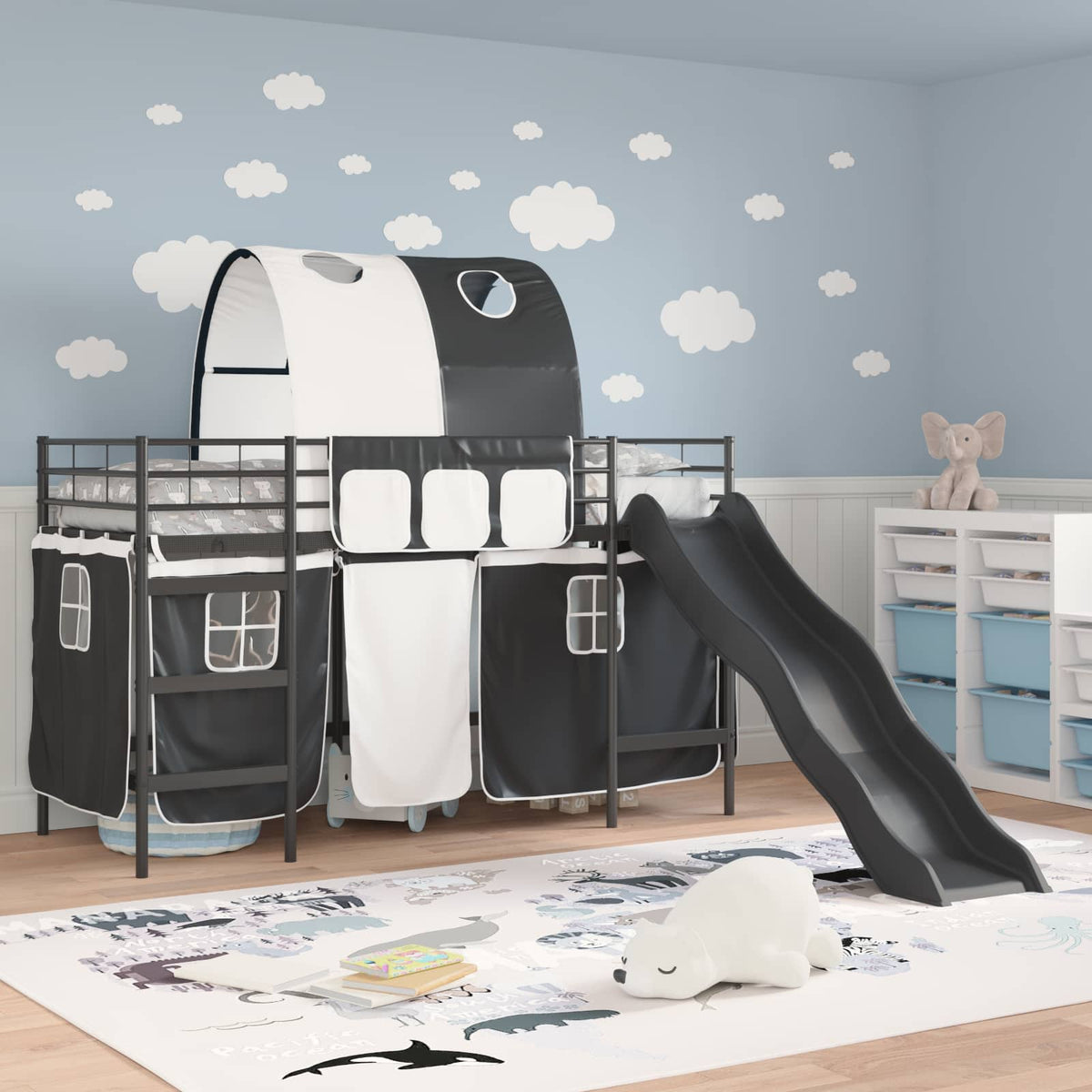 Vidaxl bunkbed voor kinderen met gordijnen zwart 75 x 190 cm metaal