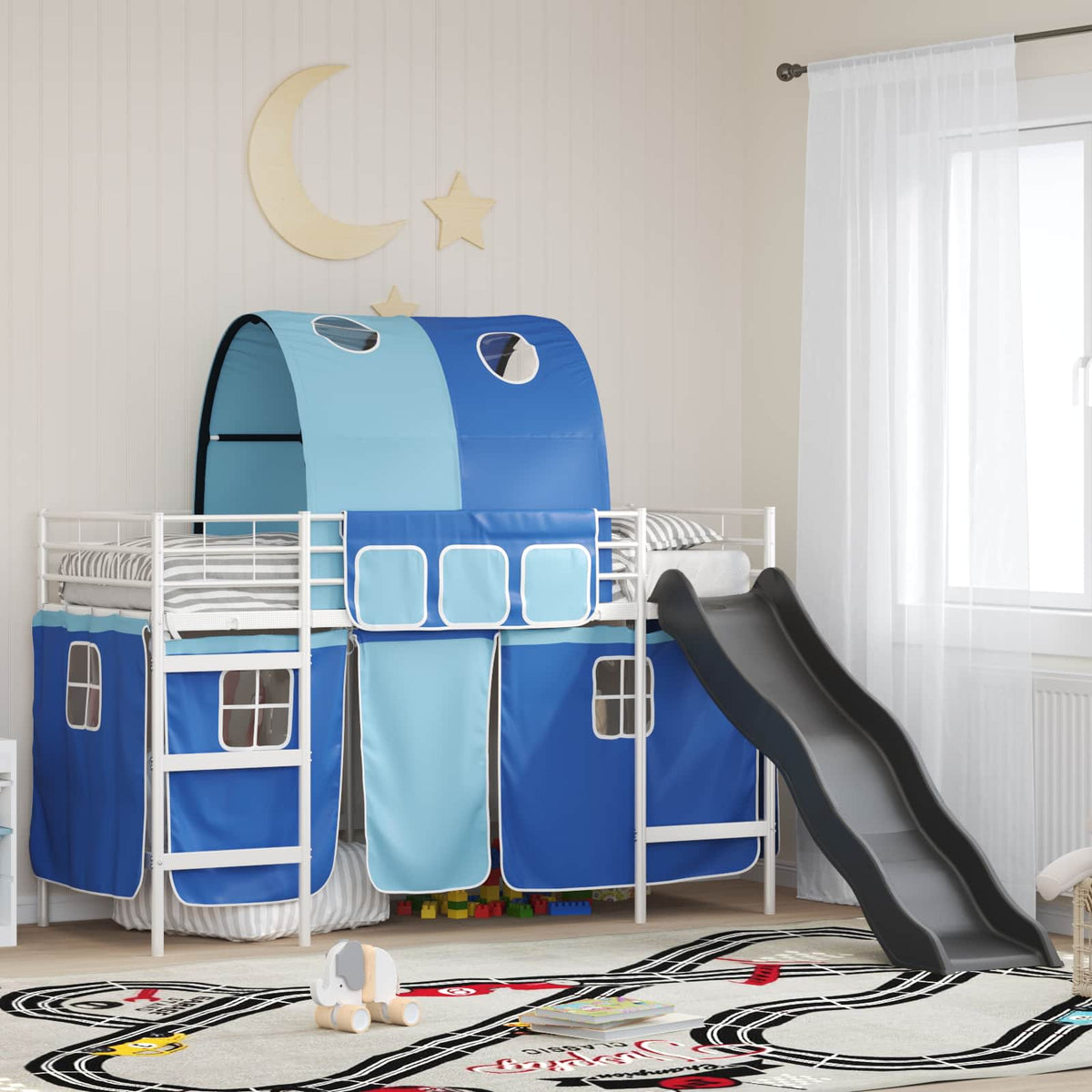 Vidaxl bunkbed voor kinderen met gordijnen wit en blauw 75 x 190 cm