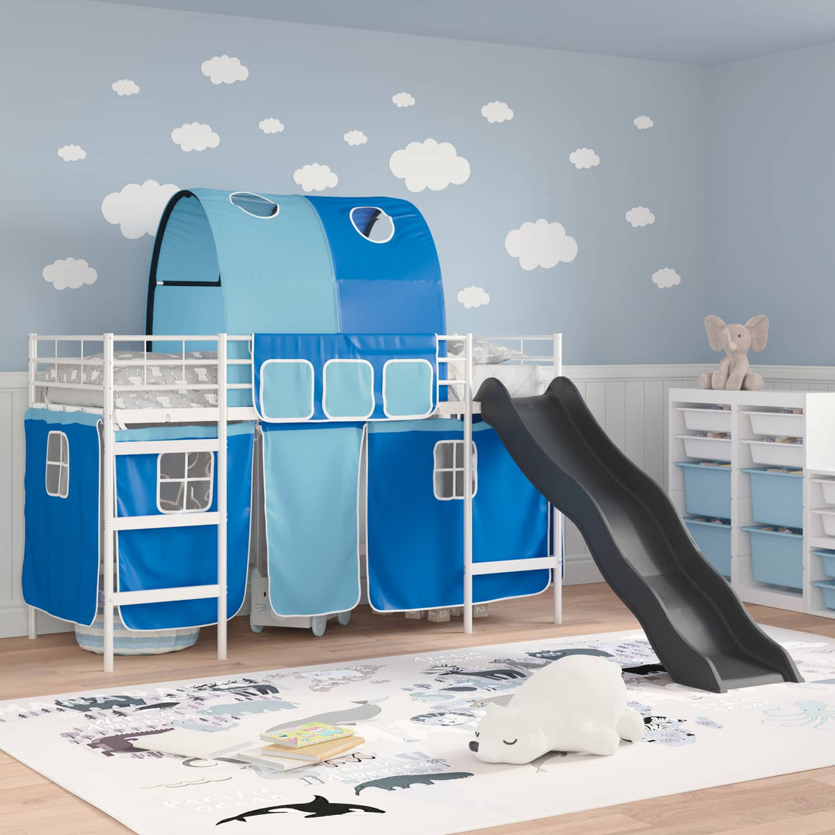 Vidaxl bunkbed voor kinderen met gordijnen wit en blauw 75 x 190 cm