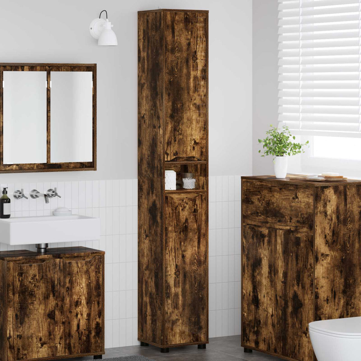Vidaxl badkamer kast gerookt eiken 30,5 x 30 x 195 cm bewerkt hout