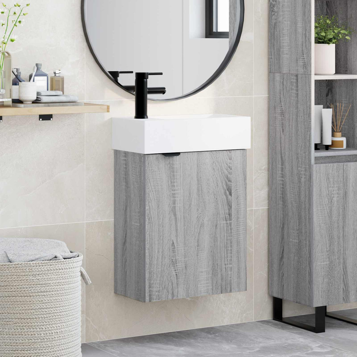 Vidaxl badkamermeubel met kraan grijs sonoma 45,5 x 22,5 x 84 cm