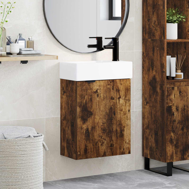 Vidaxl badkamermeubel met kraan gerookt eiken 45,5 x 22,5 x 84 cm