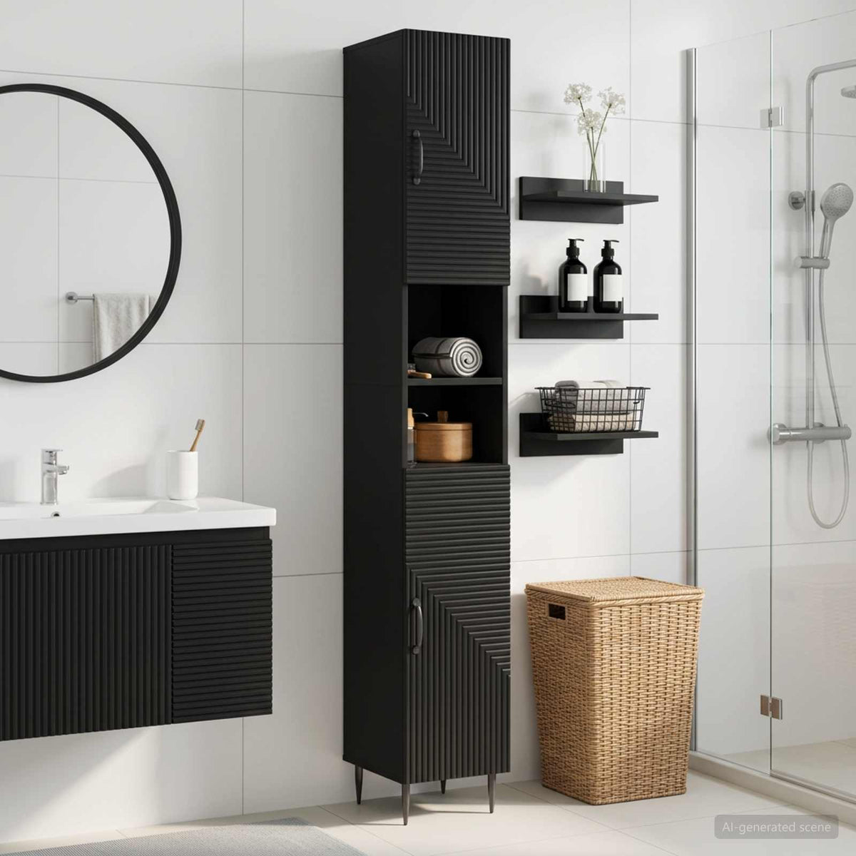 Vidaxl badkamerkast met open plank haarlem zwart 30 x 31 x 190 cm