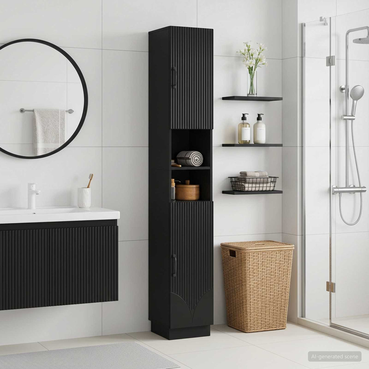 Vidaxl badkamerkast met open plank hoorn zwart 30 x 31 x 187 cm