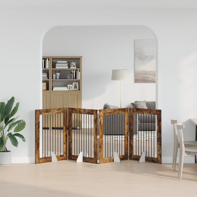 Vidaxl opvouwbaar hondenhek met standaards 4 st gerookt eiken 321 cm