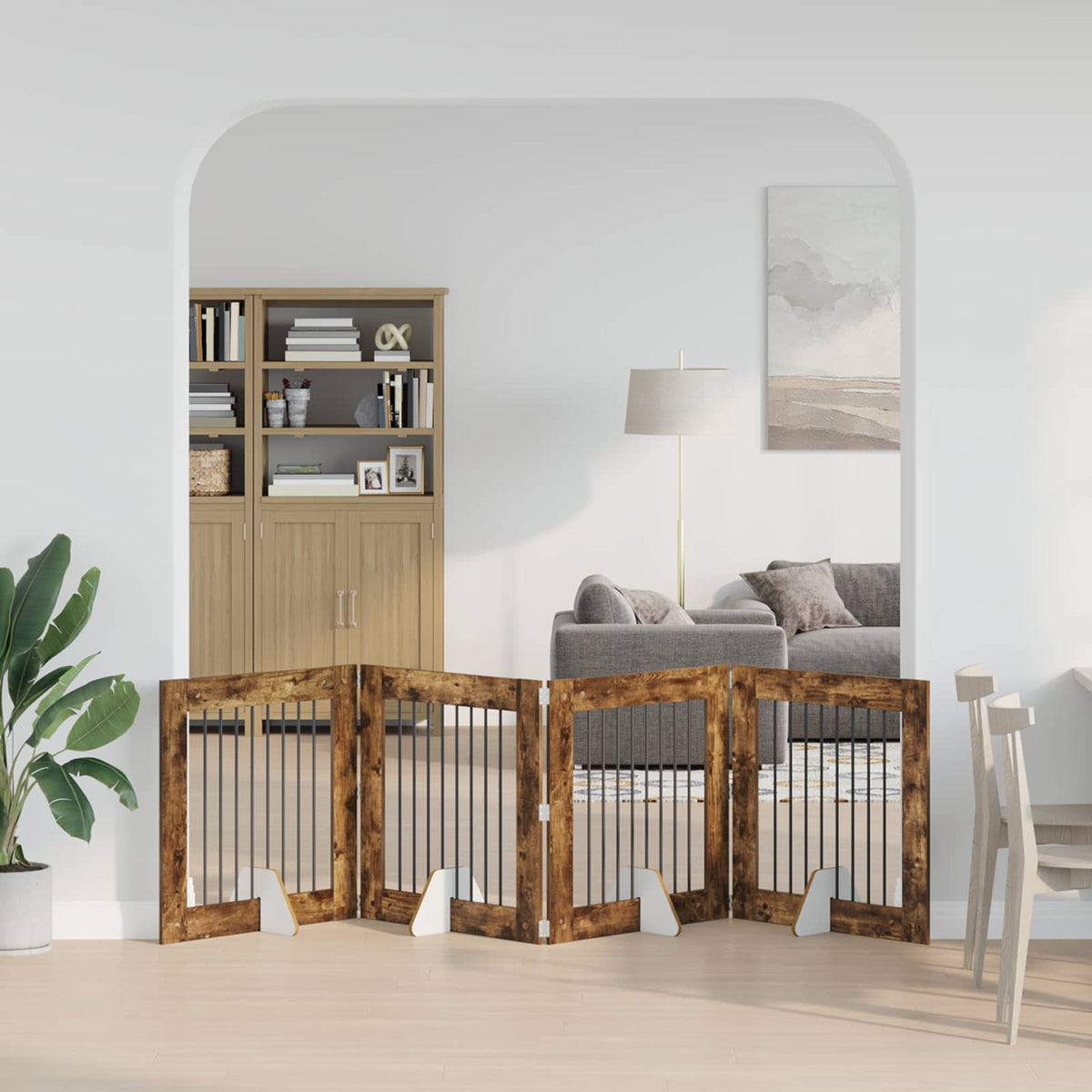 Vidaxl opvouwbaar hondenhek met standaards 4 st gerookt eiken 321 cm