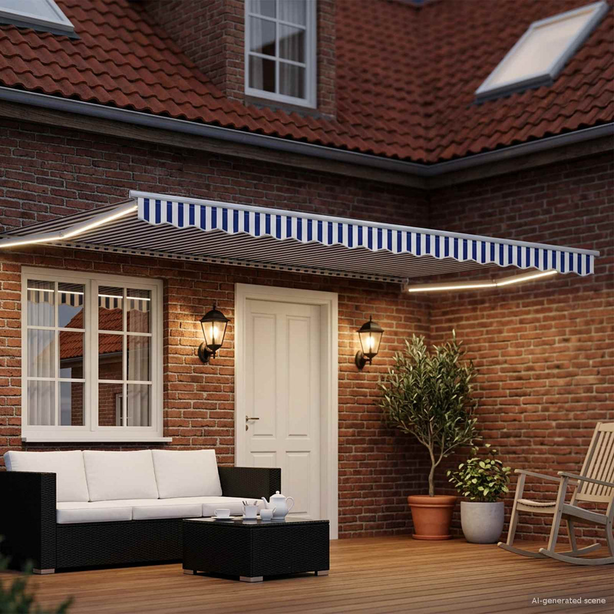 Vidaxl handbediende luifel met led's blauw en wit 4,5 × 3 m