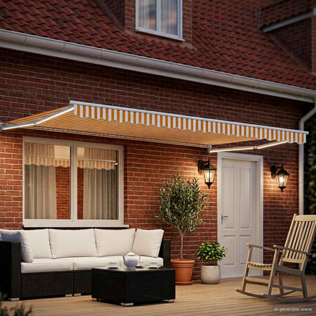Vidaxl handbediende luifel met led's oranje en wit 4,5 × 3 m