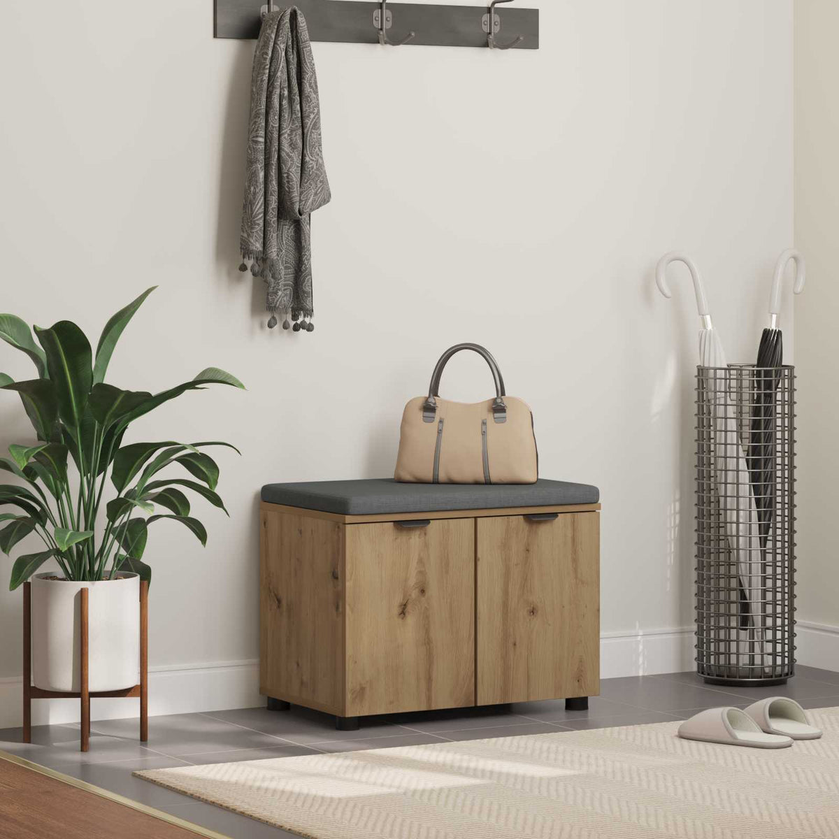 Vidaxl schoenbank met kussen artisanaal eiken 60 x 38 x 46 cm