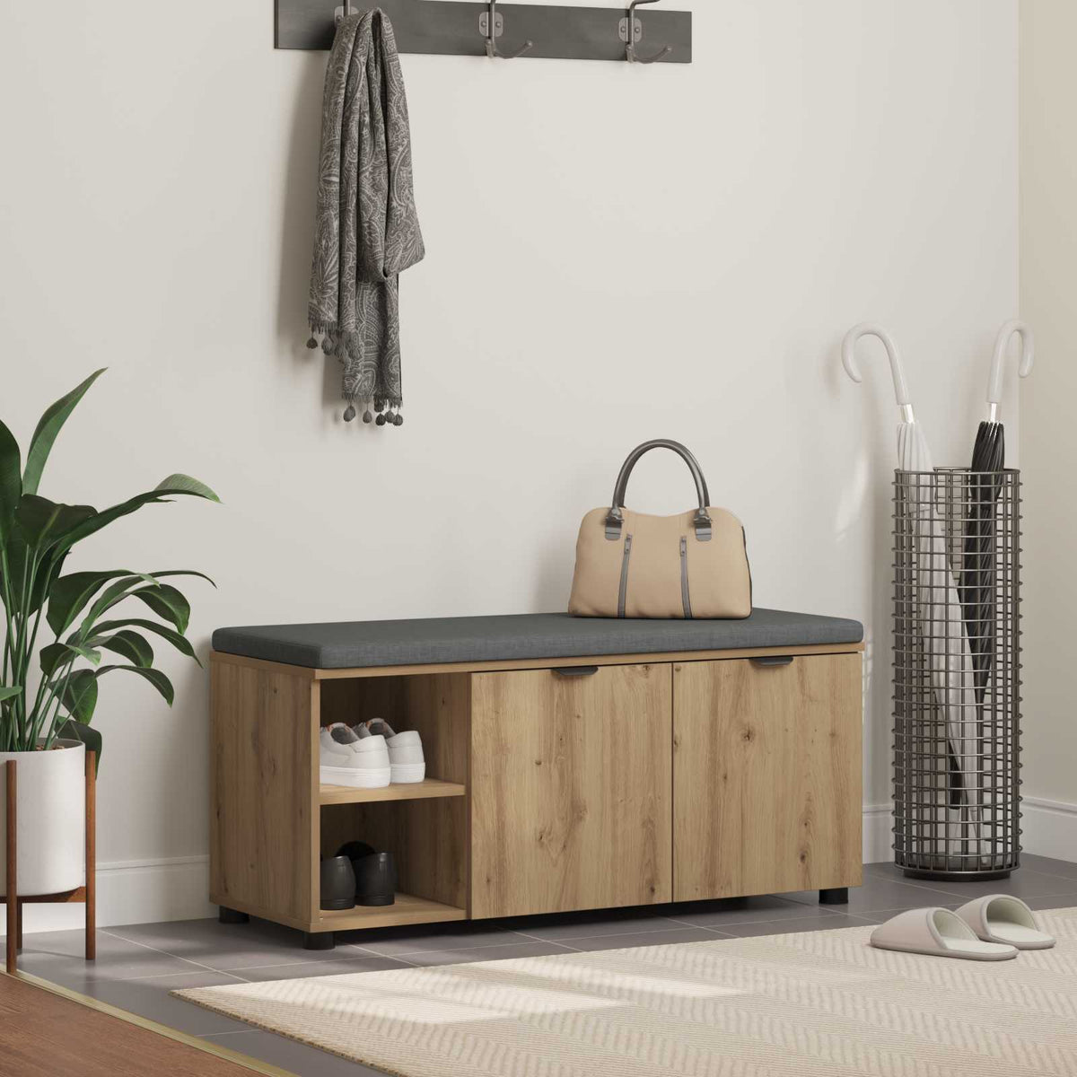 Vidaxl schoenbank met kussen artisanaal eiken 100 x 38 x 46 cm