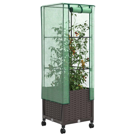 Vidaxl tuinplantenbak met kasbedekking en wielen bruin pp