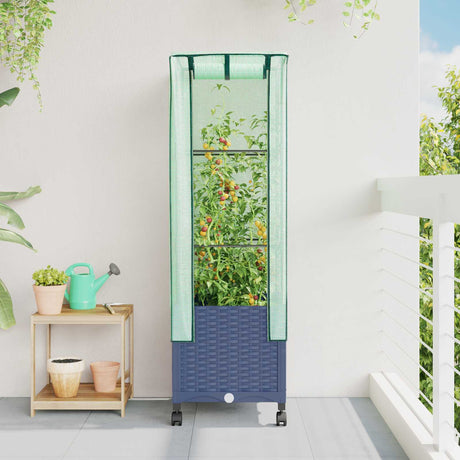 Vidaxl tuinplantenbak met kasbedekking en wielen blauw grijs pp