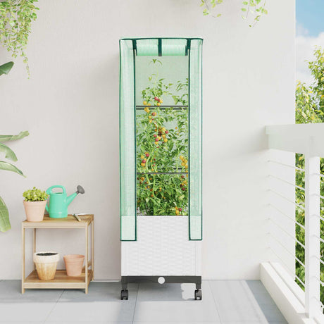 Vidaxl tuinplantenbak met kasbedekking en wielen wit 40 x 40 x 145 cm
