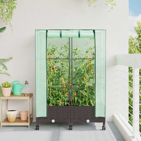 Vidaxl tuinplantenbak met kasbedekking en wielen 2 st bruin pp
