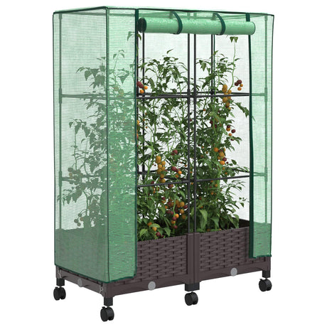 Vidaxl tuinplantenbak met kasbedekking en wielen 2 st bruin pp
