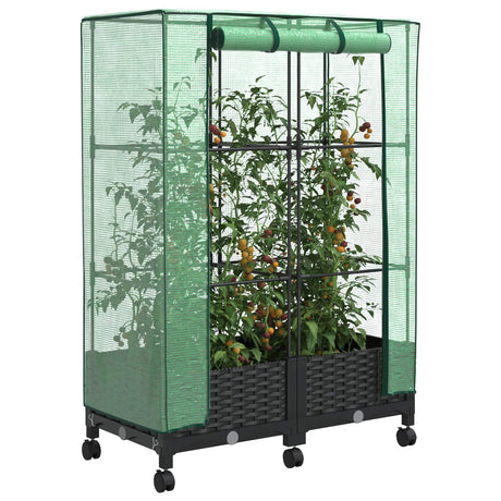 Vidaxl tuinplantenbak met kasbedekking en wielen 2 st zwart pp