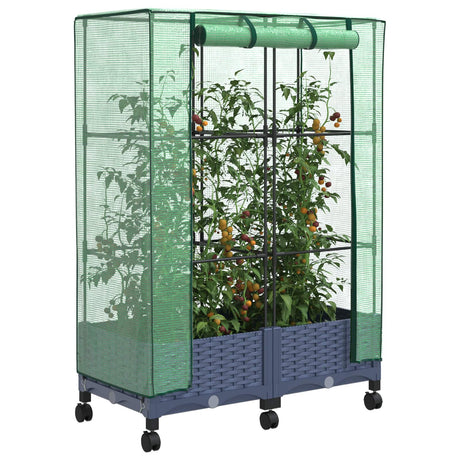 Vidaxl tuinplantenbak met kasbedekking en wielen 2 st blauw grijs pp