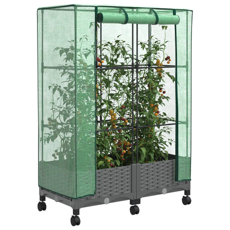 Vidaxl tuinplantenbak met kasbedekking en wielen 2 st lichtgrijs pp