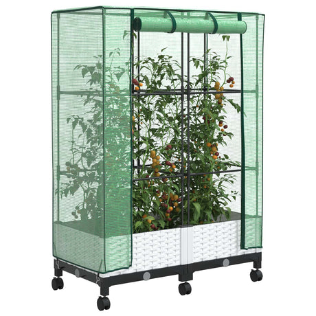 Vidaxl tuinplantenbak met kasbedekking en wielen 2 st wit pp