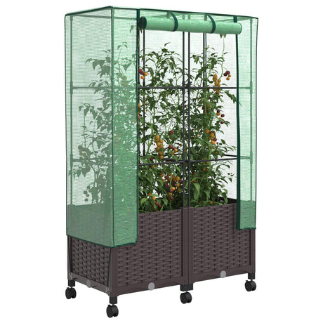 Vidaxl tuinplantenbak met kasbedekking en wielen 2 st bruin pp